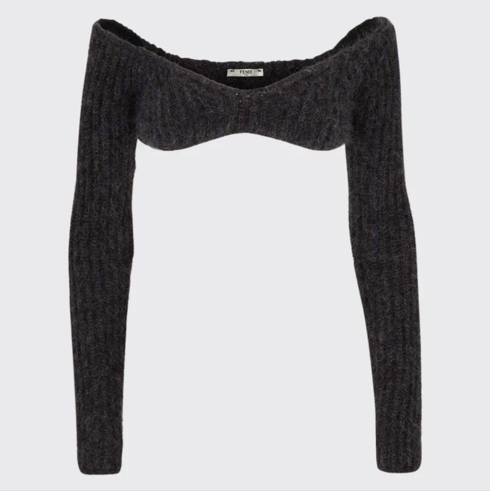 Fendi Charcoal Cropped Off Shoulder Long Sleeve Sweater - Gray